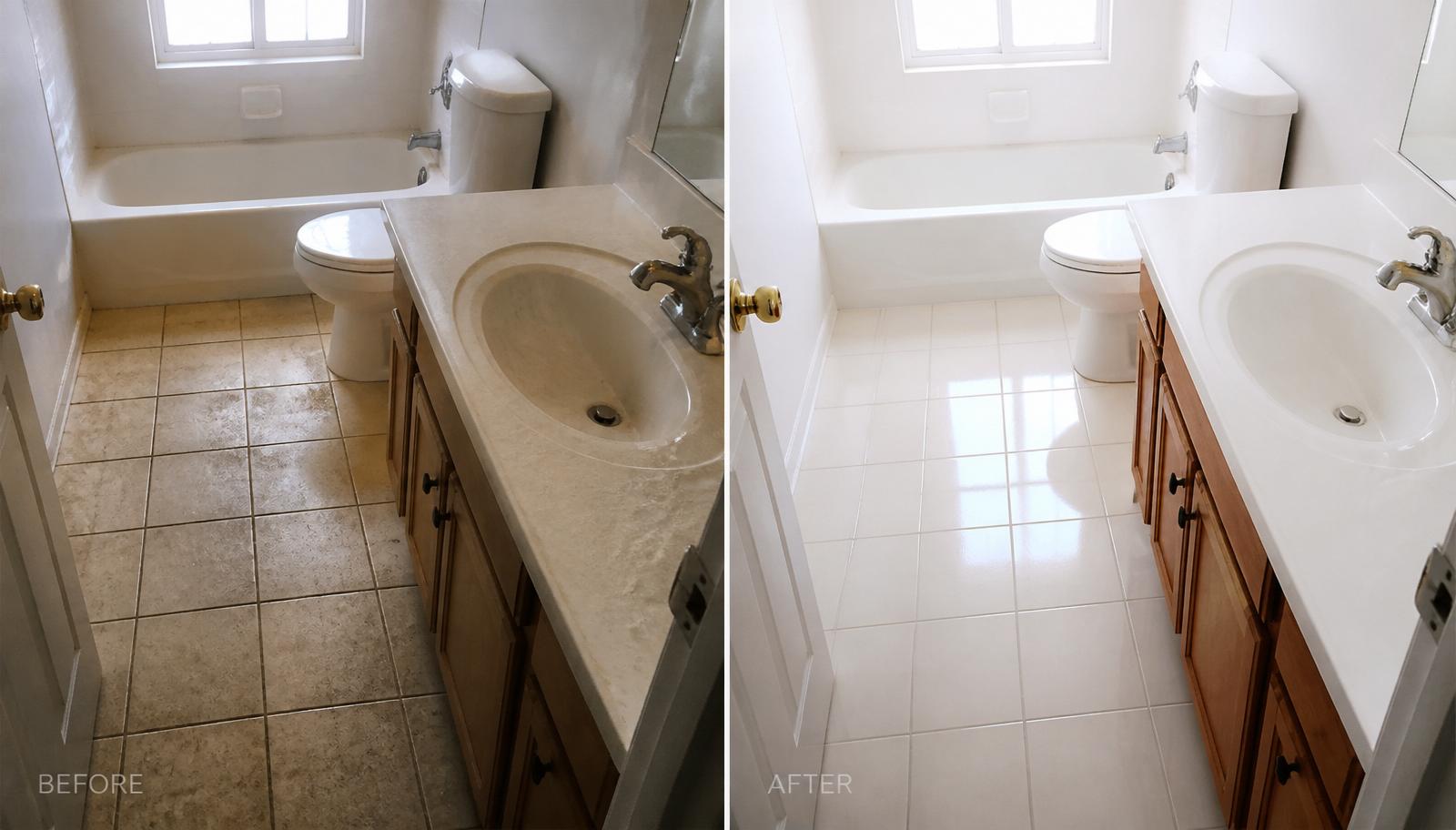 Before and after cleaning results using Rayshop Liquids products — dirty tiles transformed to sparkling clean